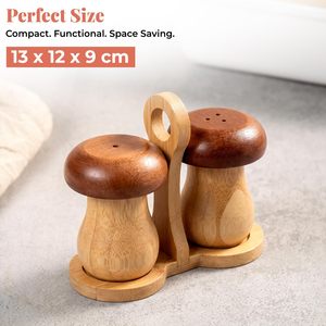 Juego de salero y pimentero de bambú estilo Japandi con tapa de madera y soporte - Product Image 3