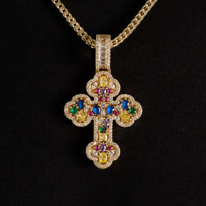 Luxury Multi-Color Gemstone Cross Pendant | Yellow Gold Iced Out Christian Cross Necklace <b>Charm</b> | Hip Hop Jewelry - Product Image 3