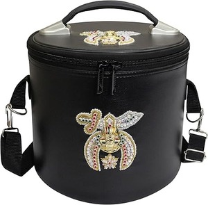 Étui de luxe pour fez maçonnique Shriner en cuir noir – Double emblèmes avant et supérieurs (broderie main en strass) avec bandoulière - Product Image 1