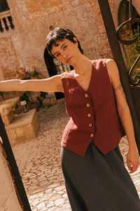 Chaleco de Lino Vintage para Mujer, con Botones al Frente, sin Mangas, Cuello en V, Casual, de Verano, para Oficina, ODM - Product Image 2