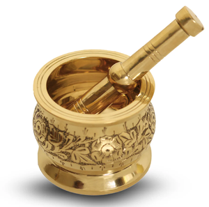 Antique ornate carved brass mortar pestle set featuring decorative swag border patterns, available at wholesale prices. - Product Image 3