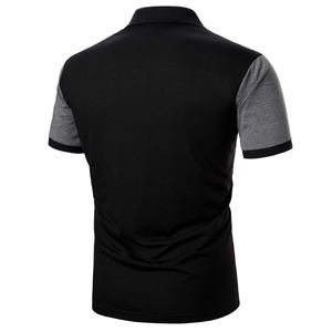 เสื้อเชิ้ตผู้ชายทรงปกติ คอสูง ตัดต่อสี แขนสั้น ผ้าถัก 100% คอตตอน สไตล์ลำลอง แต่งขอบตัดกัน สีดำเทา - Product Image 3