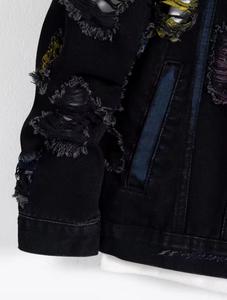 Unisex <b>Punk</b> Style Ripped Bomber <b>Jacket</b> Black Hooded Collar Regular Length Zipper Closure Slim Fit Cotton Material Front Autumn - Product Image 4