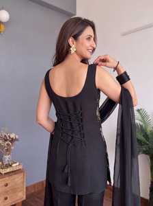 Ensemble de costume ethnique élégant en faux georgette brodé, extensible, trois pièces, pour femmes - Product Image 2