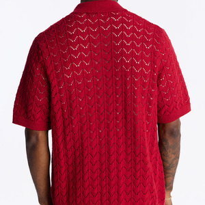 Ensemble polo et short en tricot pour homme, couleur rouge unie, tenue décontractée en deux pièces, tricot respirant en coton - Product Image 3
