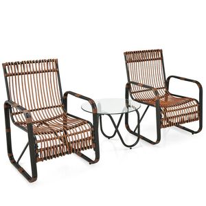 Juego de 3 Piezas de Muebles de Ratán para Patio, 2 Sillas Individuales de Mimbre y Mesa Auxiliar de Vidrio para Jardín - Product Image 1
