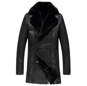 Chaqueta Larga de Motociclista para Hombre, Negra, 100% Algodón, Corte Slim, Doble Botonadura, Cuello Alto, Forro de Piel Sintética, Cortavientos, Informal, para Invierno - Product Image 1