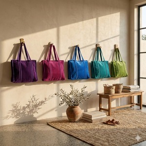 Luxury Purple Cotton Velvet Tote Bag Women Zipper Double Handle Shoulder Travel Everyday Use <b>Handbag</b> - Product Image 6
