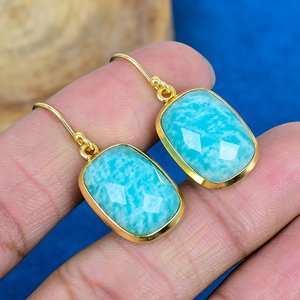 Natural Blue Amazonite Cushion Shape Gemstone Dangle Hook Earring 18k Gold Micron Over 925 <b>Sterling</b> <b>Silver</b> - Product Image 1