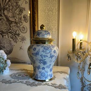 Chelsea House Blue White Song <b>Leaf</b> Ginger Jar Ginger Jar With Gold Trim Decorative Urn Classic Traditional Style Tabletop Vase - Product Image 1