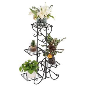 Scaffale in metallo nero a 4 ripiani quadrati per fiori, da interno ed esterno, supporto per piante da giardino, decorazione, arredo da esterno - Product Image 1