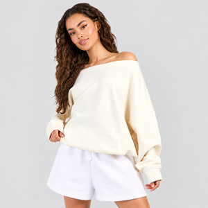 Wholesale Crescent Wear Women Asymmetric Design Collarless <b>Jumpers</b> Custom Applique Embroidery 100% Cotton French Terry Fleece - Product Image 1