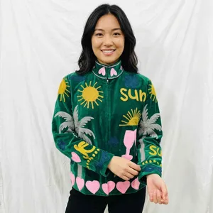 JacketVelvet Suzani Sujani Eco-Friendly Floral Pattern Ladies Reversible Bomber Varsity Jacket Summer Vacation Style <b>Quilted</b> - Product Image 1