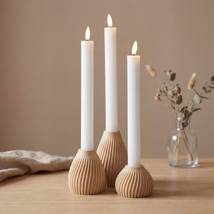 Custom Handmade Nordic Minimalist Beige Textured Wooden Taper <b>Candle</b> Holder <b>Set</b> of 3 For Home Decor Table Centerpiece Lanterns - Product Image 2