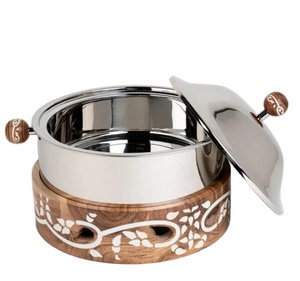 Pot de casserole en acier inoxydable de conception du Moyen-Orient pot de finition argentée avec la base en bois pour l'utilisation d'hôtel de mariage de buffet de partie - Product Image 4