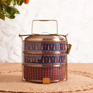 Luxury painted brass tiffin <b>box</b>, 3 tier antique motif food carrier, decorative meal <b>container</b>, available at wholesale prices. - Product Image 1