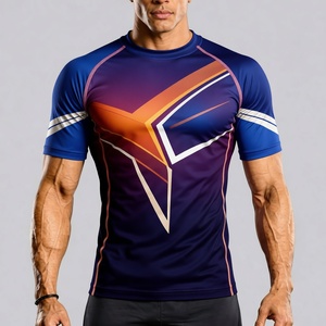 Camiseta de Compresión Geométrica Azul y Morado para Hombre, Manga Corta, Secado Rápido, Poliéster, Protección UV, Logotipo Estampado en la Parte Delantera - Product Image 1