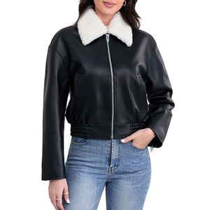 Veste bomber en cuir PU noir pour femme avec col en fausse fourrure, fermeture éclair, manches longues, style hiver, couleur unie, veste en cuir - Product Image 1