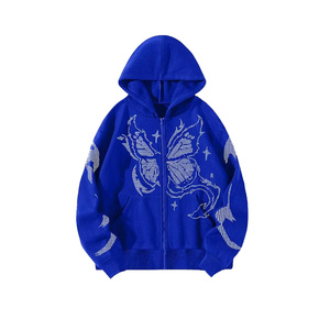 Sweat-shirt à capuche zippé bleu pour homme, imprimé papillon pailleté, décontracté, tricoté, coupe classique, vente en gros - Product Image 1