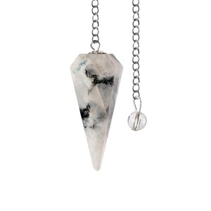 Péndulo de Cristal de Piedra Lunar Arcoíris Natural para Equilibrio de Chakras y Feng Shui, con Cadena Plateada y Gema Facetada para Radiestesia - Product Image 3