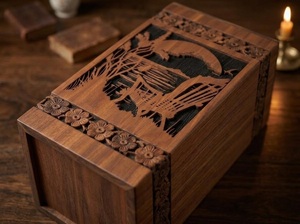 Urna Funeraria Artesanal de Madera de Palisandro con Grabado de Atardecer junto al Lago, Ecológica y Duradera, Estilo Americano - Product Image 3