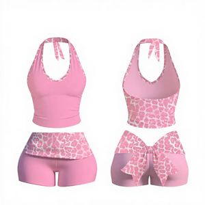 Conjunto de Ropa Y2K para Mujer, con Logotipo Personalizado, 2 Piezas, Estampado de Leopardo, Top Halter y Pantalones Cortos con Cintura Plegada, Conjunto Deportivo Ajustado - Product Image 2