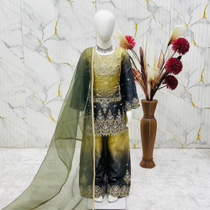 Elegant Silk Embroidered Kids Premium <b>Top</b> Palazzo Set With Organza Dupatta Full Stitched For Girls Wholesale Rate By Royal Expot - Product Image 6