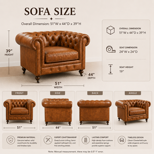 Premium Rolled Arm Single <b>Sofa</b> Chair in Tan Leather with Tufted Back for Office Lounge Seating Chesterfield Leather Single <b>Sofa</b> - Product Image 3