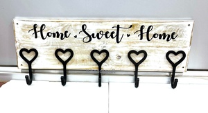 Nuevo perchero individual de hierro blanco con slogan 'Home Sweet Home' y 5 ganchos en forma de corazón, para montaje en pared, almacenamiento en entrada. - Product Image 2