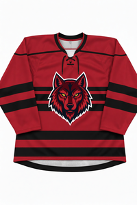 Jersey de Hockey sobre Hielo Sublimado Personalizado para Hombre, Manga Larga, Rojo y Negro a Rayas, Logotipo de Lobo, Ropa Deportiva de Poliéster que Absorbe la Humedad - Product Image 1