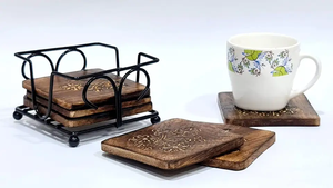 Wooden Square <b>Tea</b> <b>Coasters</b> with Iron Stand Holder Wooden Drink <b>Coasters</b> for Dining Table Whiskey Glass Rustic Beverag - Product Image 2