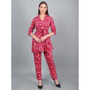 DISEÑADOR RAYON FIOIL PRINT WORK CORD SET MAROON - Product Image 1