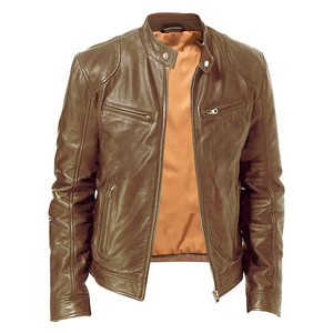Blouson moto en cuir noir pour homme, col montant, fermeture éclair, coupe ajustée, couleur unie, manches classiques, idéal pour l'automne - Product Image 2