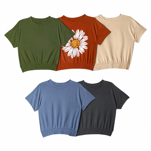 Womens Elastic Hem <b>Crop</b> T Shirt Casual Short Sleeve Round Neck Summer Tee Soft Cotton Blend <b>Top</b> - Product Image 1