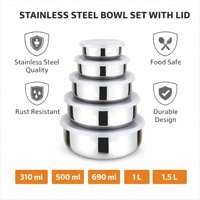 Ensemble de bols en acier inoxydable poli, écologiques, sans BPA, design indien, style minimaliste, avec couvercle (lot de 5) |   Bols de cuisine multi-usages
