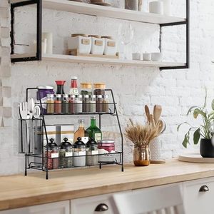 Étagère à épices de cuisine en métal à 2 niveaux, organisateur de rangement sur pied avec porte-ustensiles - Product Image 1