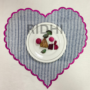 Ridhi Blue Stripe <b>Placemats</b> with Pink Embroidery Heart Shape Reusable Linen <b>Table</b> Mats Bulk Use <b>for</b> Hotel, Wedding & Home Events - Product Image 6