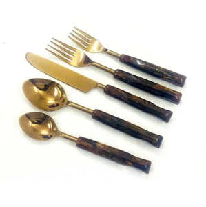 Pink Bamboo Handle Flatware <b>Set</b> with Gold Tone Metal <b>Cutlery</b> Dishwasher Safe Vintage Design Party Use - Product Image 4