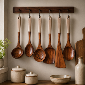 Ensemble d'ustensiles de cuisine en bois écologiques de qualité alimentaire de luxe 6 pièces |   Ustensiles de cuisine en bois naturel avec poignées en émail blanc, faits à la main - Product Image 5