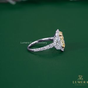 Fancy Yellow Oval Cut Lab Grown <b>Diamond</b> Halo Three Stone Engagement <b>Ring</b> 18K White Gold for Women - Product Image 4