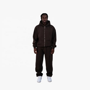 Ensemble de survêtement pour homme en coton marron uni à capuche avec fermeture éclair intégrale, coupe ample, décontracté, pour l'automne, avec poches latérales - Product Image 1