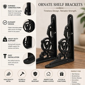 SHUBHAM <b>Black</b> Metal Corner Shelf <b>Bracket</b> Decorative Wall <b>Brackets</b> Rustic Floral Hanging Support for Home Display - Product Image 4