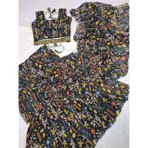 TRENDING GEORGETTE IMPRESIÓN DIGITAL VOFFLE WORK LEHENGA STYLE SAREE CON BLUSA COSTADA Y CINTURÓN NEGRO - Product Image 4