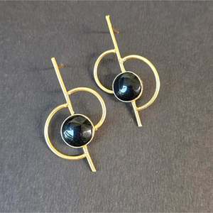 Vintage Gold Plated Pearl Drop Earrings Classic Half Circle Charm Studs - Product Image 2