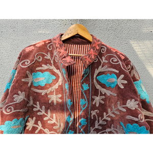 Veste en velours marron brodée Suzani, style bohème floral Kantha pour femme, col montant, coton, style hippie, cadeau pour elle - Product Image 4