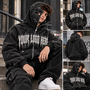 Sudadera con capucha y cremallera para hombre, personalizada, con lavado ácido, estilo oversize, streetwear, con letras góticas desgastadas, ojales metálicos, corte relajado, venta al por mayor - Product Image 4