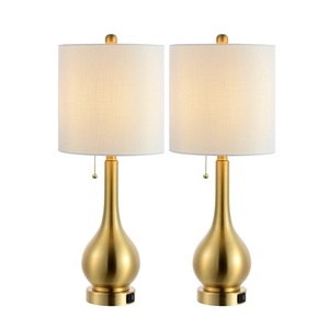Lampe de table USB de luxe au design moderne, dorée, éclairage élégant pour chevet, chambre à coucher, hôtel, double ports, abat-jour en tissu, lot de 2 - Product Image 1