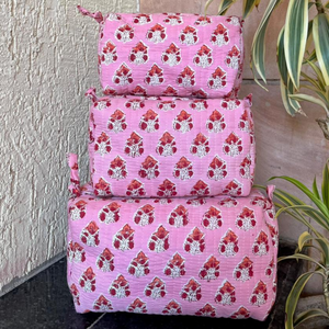 Handmade Jaipur Block Printed Cotton Cosmetic Bag Set Pink Floral Block Print Bohemian Style Eco-Friendly Travel Organize - Product Image 3