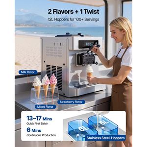 Macchina per Gelato Commerciale a 3 Gusti da 2200W, Produzione 20-28L/H, 2 Contenitori da 6L, Utilizzabile con Base a Base di Latte - Product Image 5