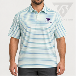 Camisa Polo Trackstar para Hombre, Color Azul Menta, con Rayas Horizontales Finas, Manga Corta, Cuello con Botones, Estilo Casual para Golf, con Logotipo Personalizado - Product Image 1